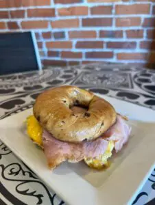 Ham, egg, and cheese bagel sandwich