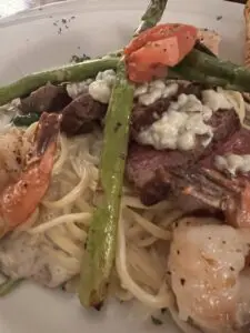 Shrimp and steak pasta with asparagus