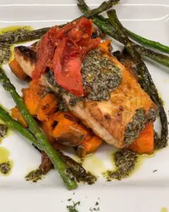 Seared salmon with roasted asparagus and sweet potatoes